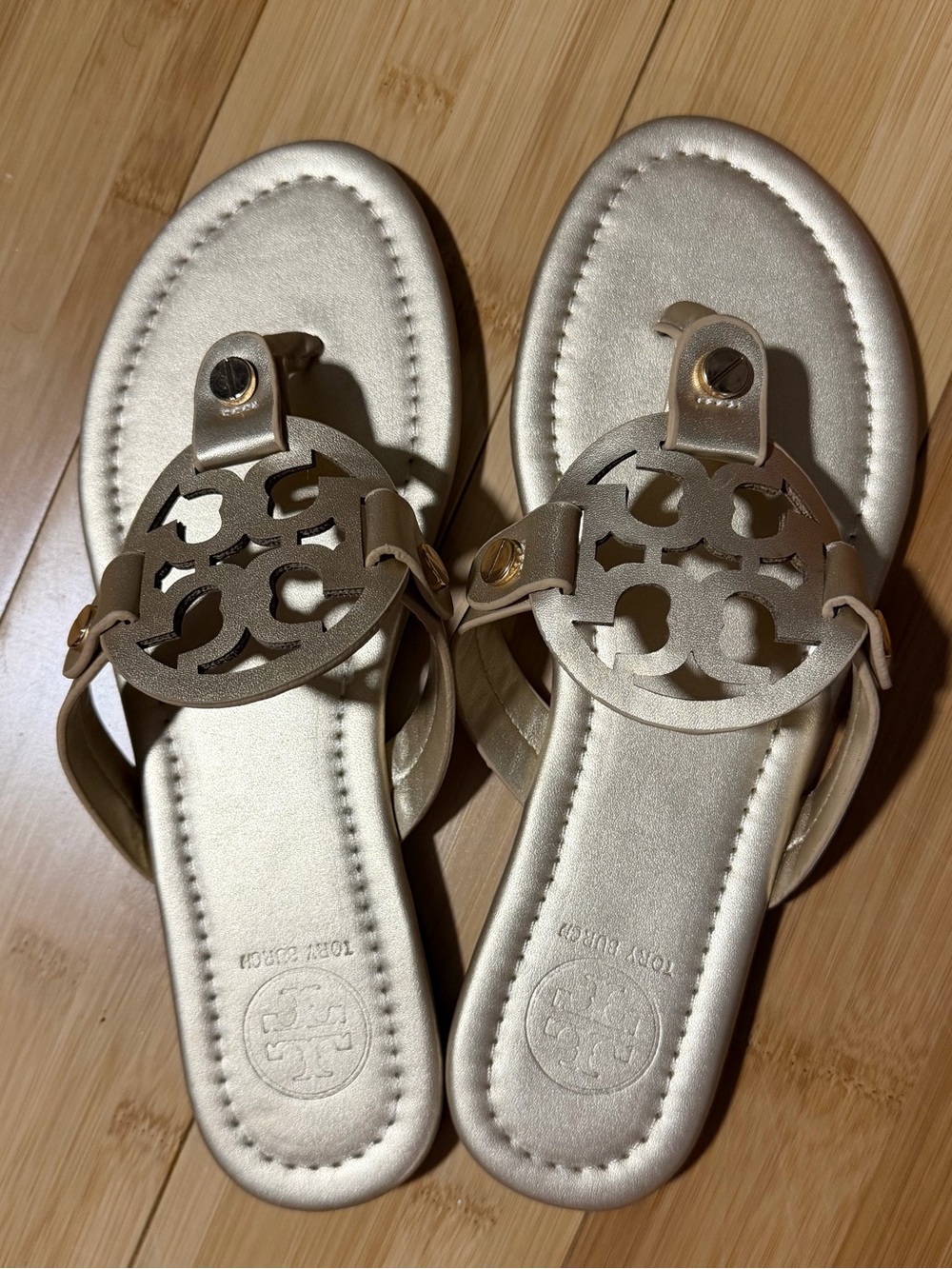 Tory Metallic Champagne Logo Thong Sandals